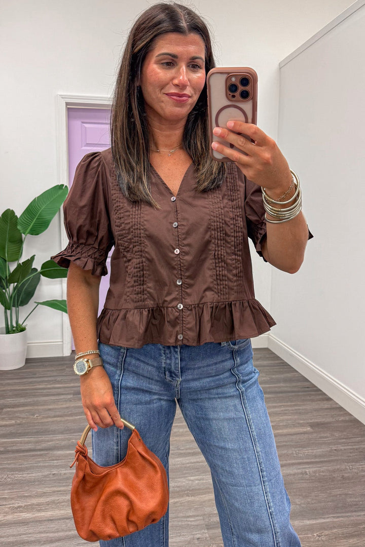 solid brown button front puff sleeve semi-cropped ruffled peplum cotton top