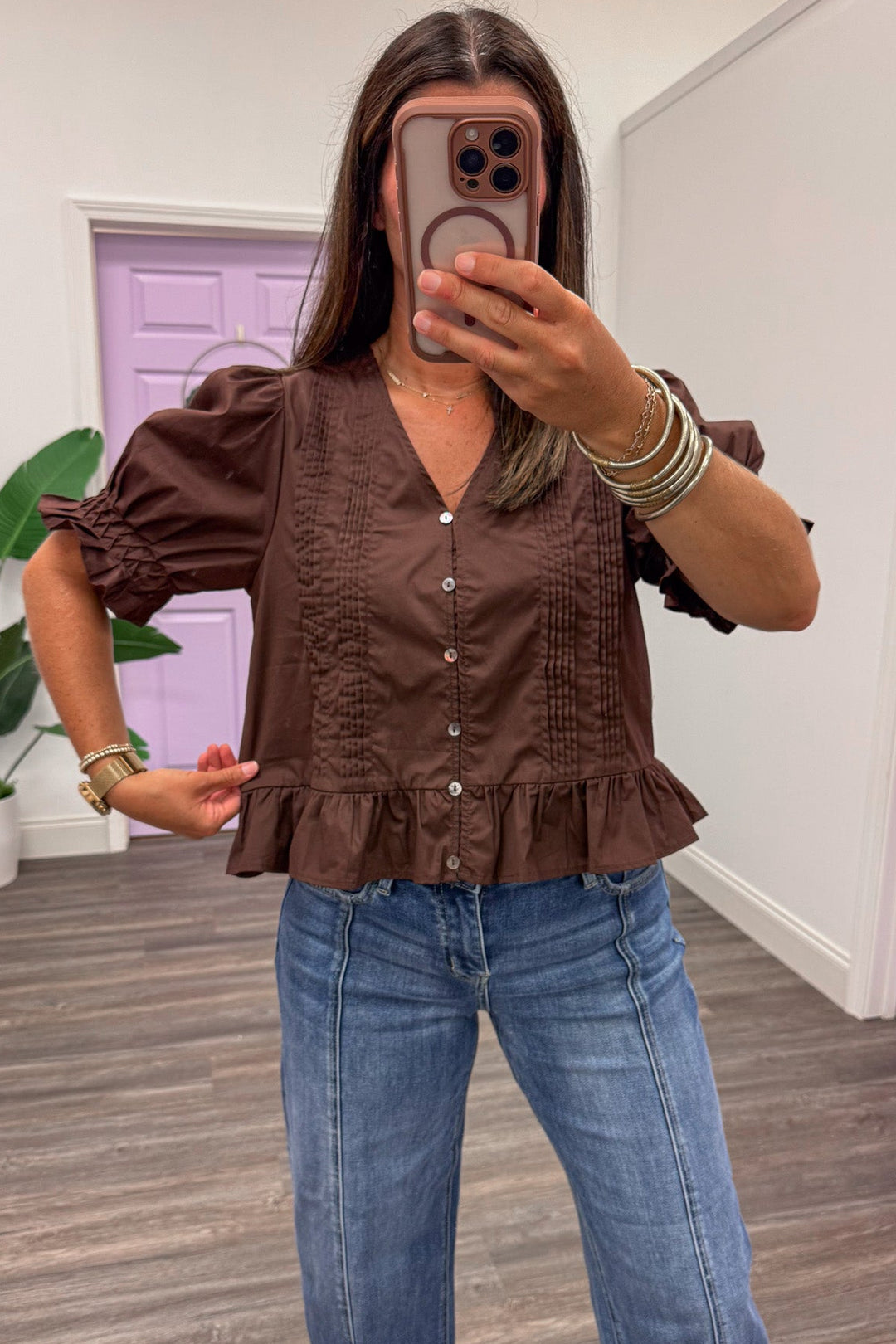 solid brown button front puff sleeve semi-cropped ruffled peplum relaxed silhouette top