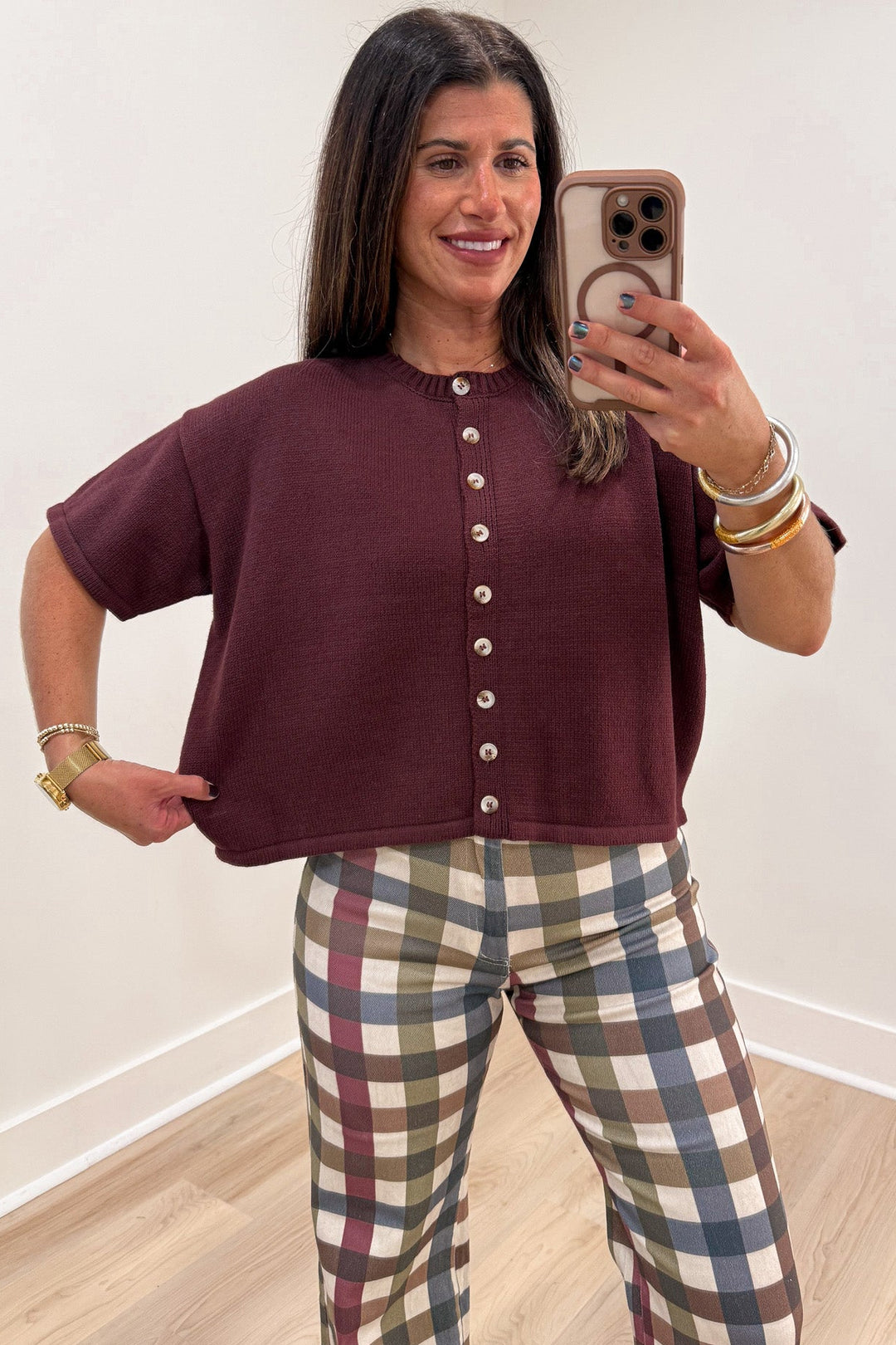 solid espresso brown crew neckline button front short sleeve relaxed silhouette knit cardigan top