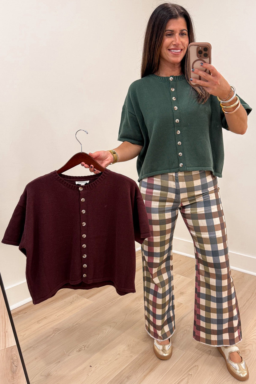 solid espresso brown ribbed crew neckline button front short sleeve knit cardigan top