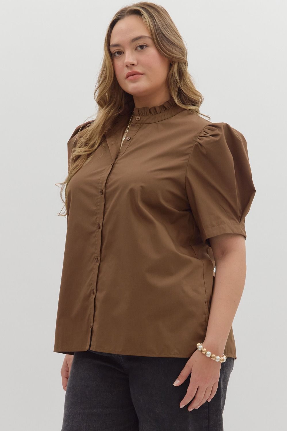 Women's brown button front top by Entro in plus showing slight side view