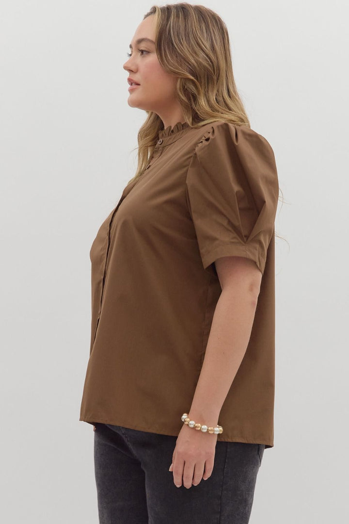 Women's brown button front top by Entro in plus showing side view