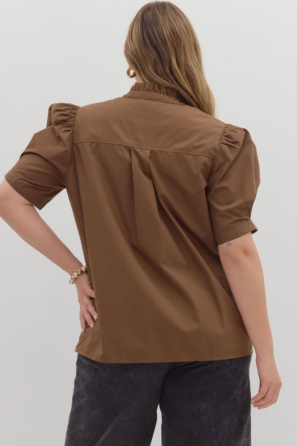 Women's brown button front top by Entro in plus showing back view