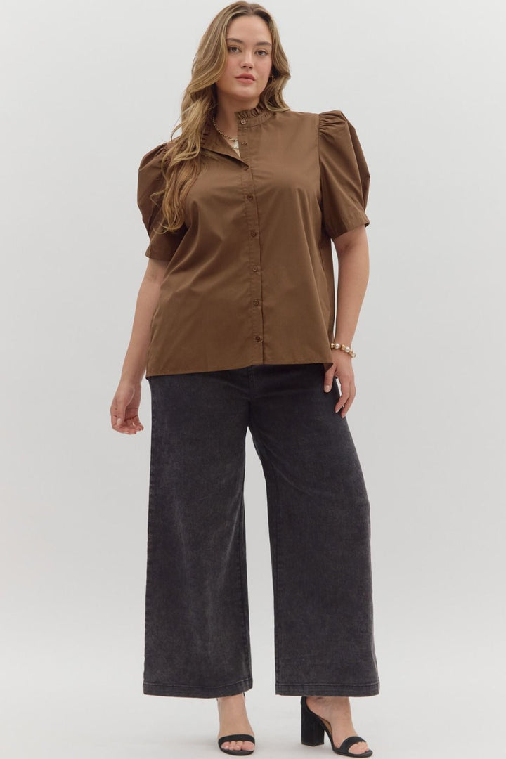 Women's brown button front top by Entro in plus showing full front view