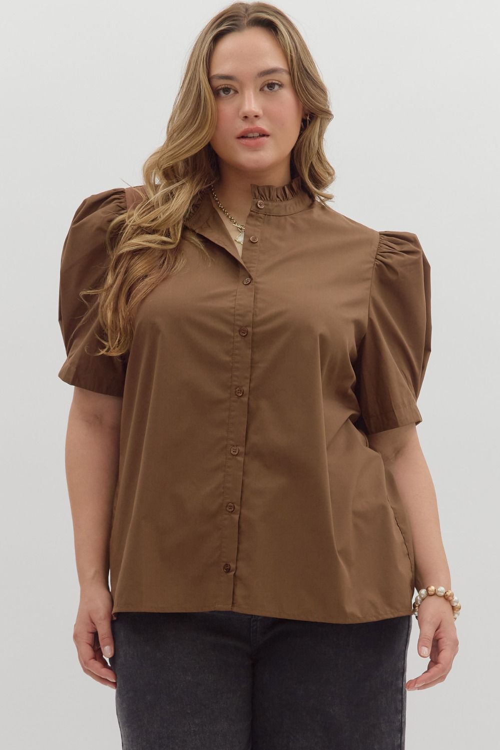 Women's brown button front top by Entro in plus