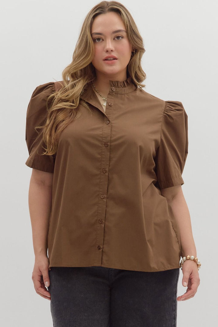 Women's brown button front top by Entro in plus
