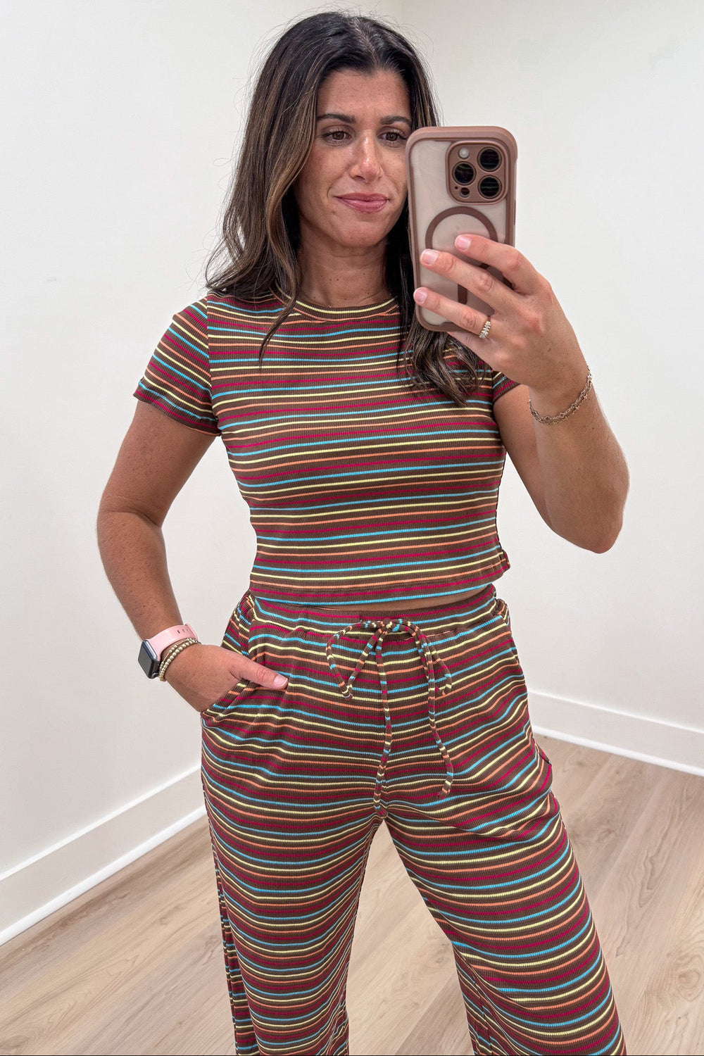 brown with multicolored striped ribbed short sleeve crop top and wide leg pants matching set