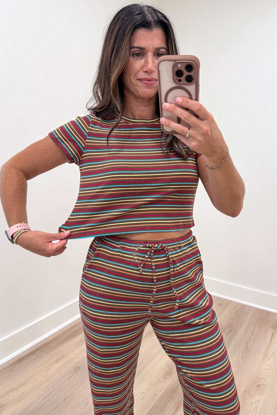 brown with multicolored striped ribbed fitted crop top and wide leg pants matching set