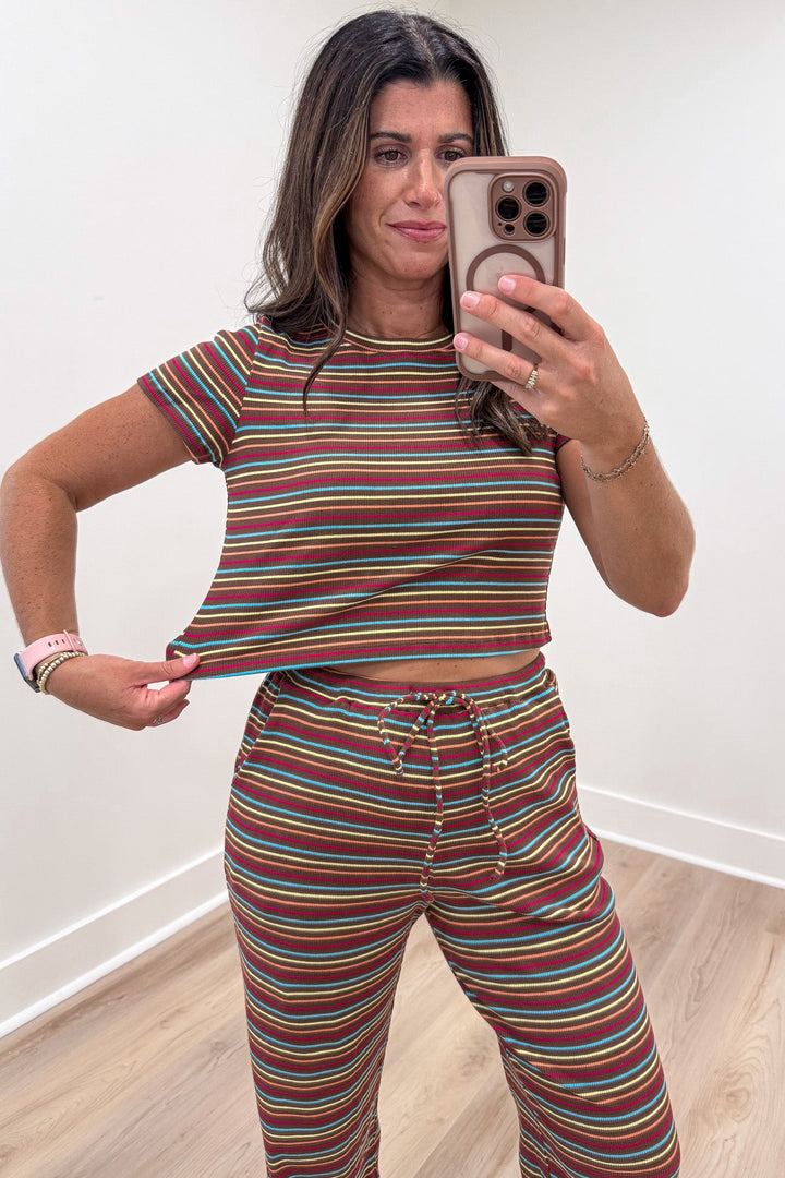 brown with multicolored striped ribbed fitted crop top and wide leg pants matching set