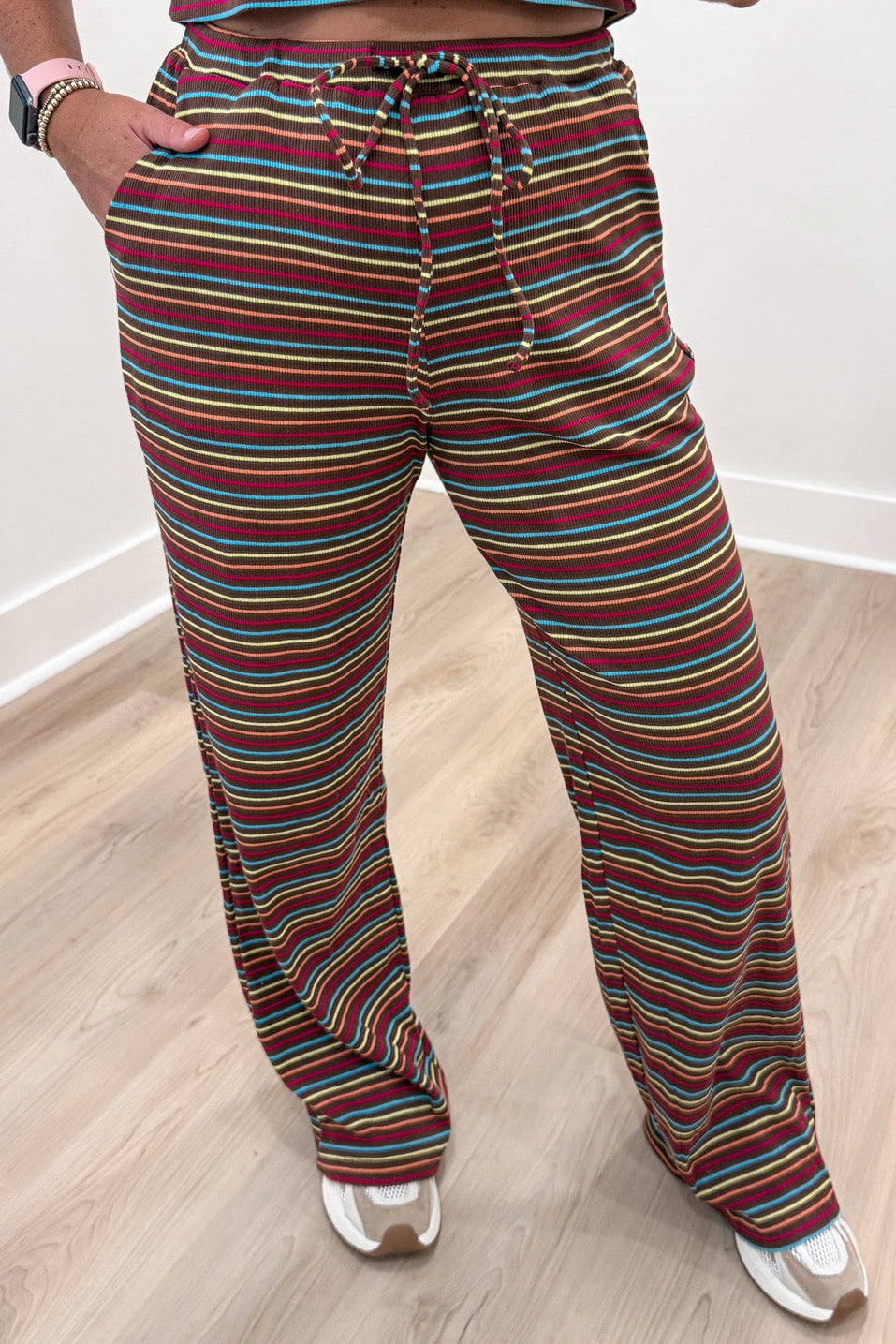 brown with multicolored striped ribbed crop top and front pocket wide leg pants matching set