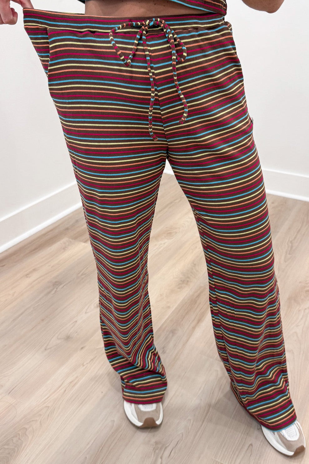 brown with multicolored striped ribbed crop top and elastic waist wide leg pants matching set