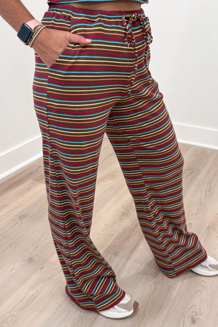 brown with multicolored striped ribbed crop top and drawstring wide leg pants matching set