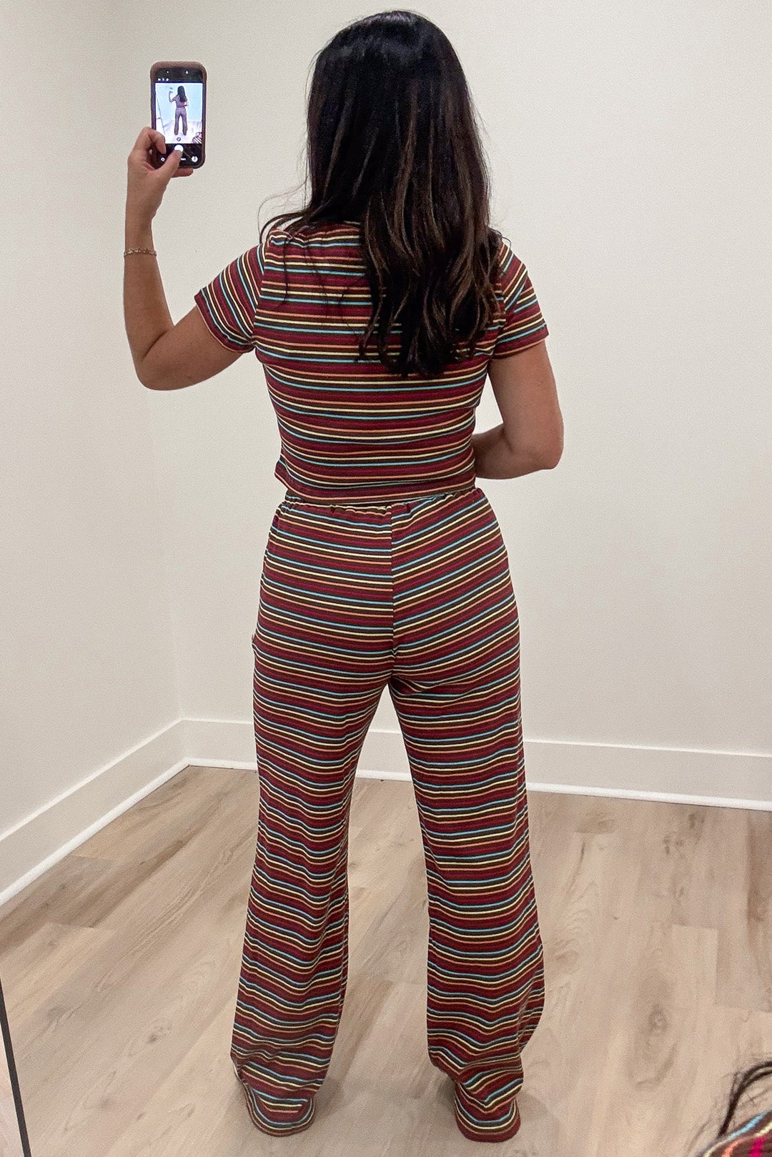 brown with colorful striped ribbed crew neckline crop top and wide leg pants matching set