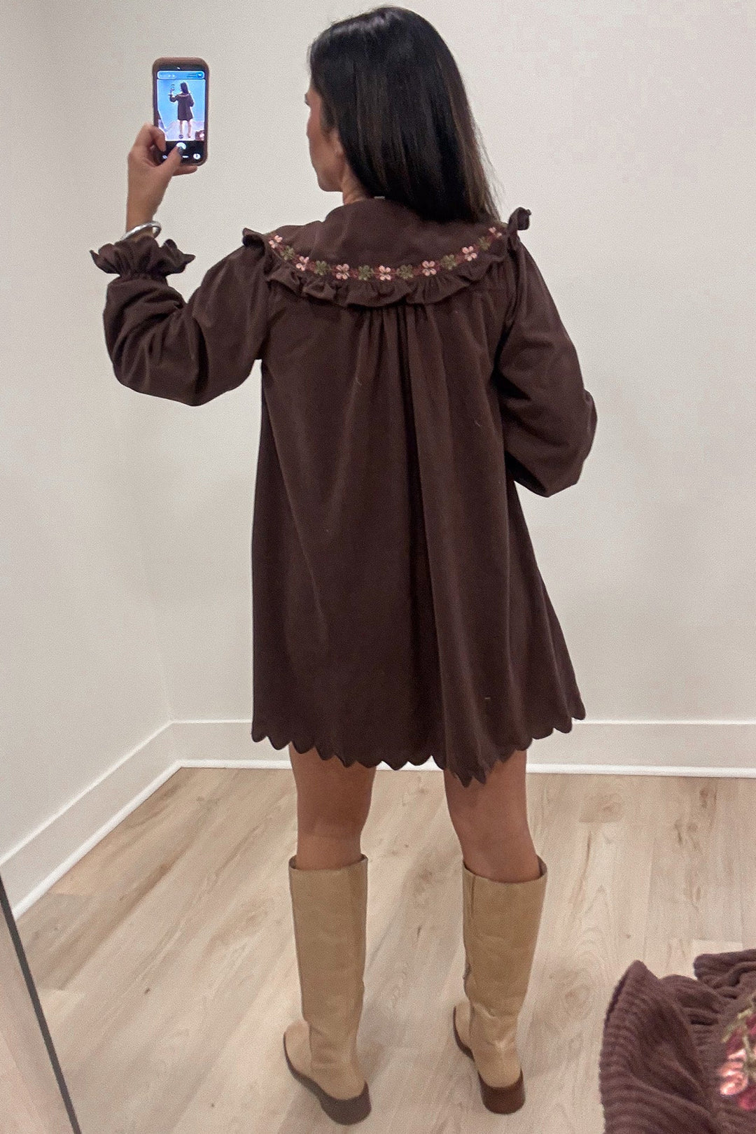 brown corduroy with multicolored floral embroidery scalloped trim long sleeve button front midi dress