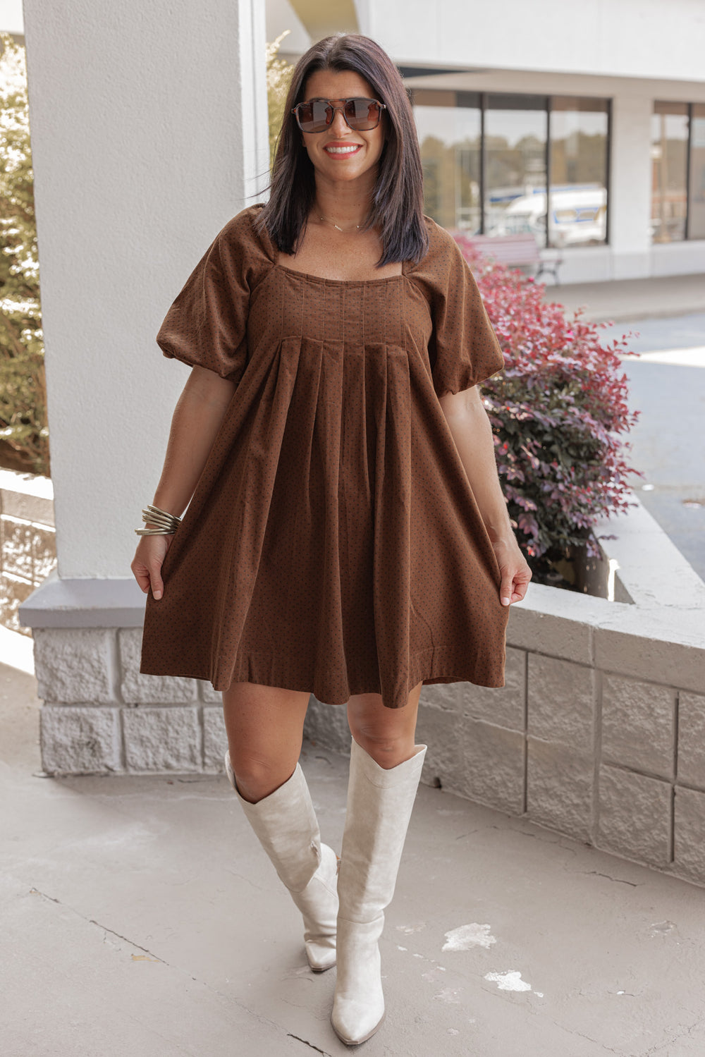 Women's brown pleated corduroy dress with black polkadots by Wishlist showing full front view