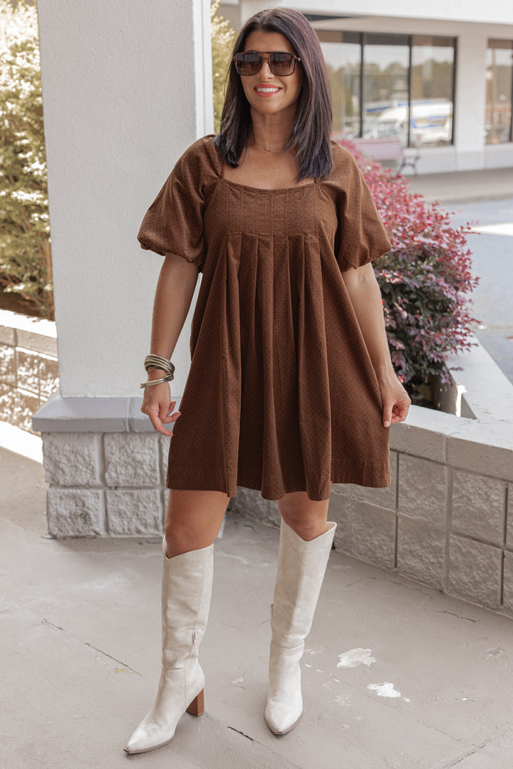 Women's brown pleated corduroy dress with black polkadots by Wishlist, perfect for fall