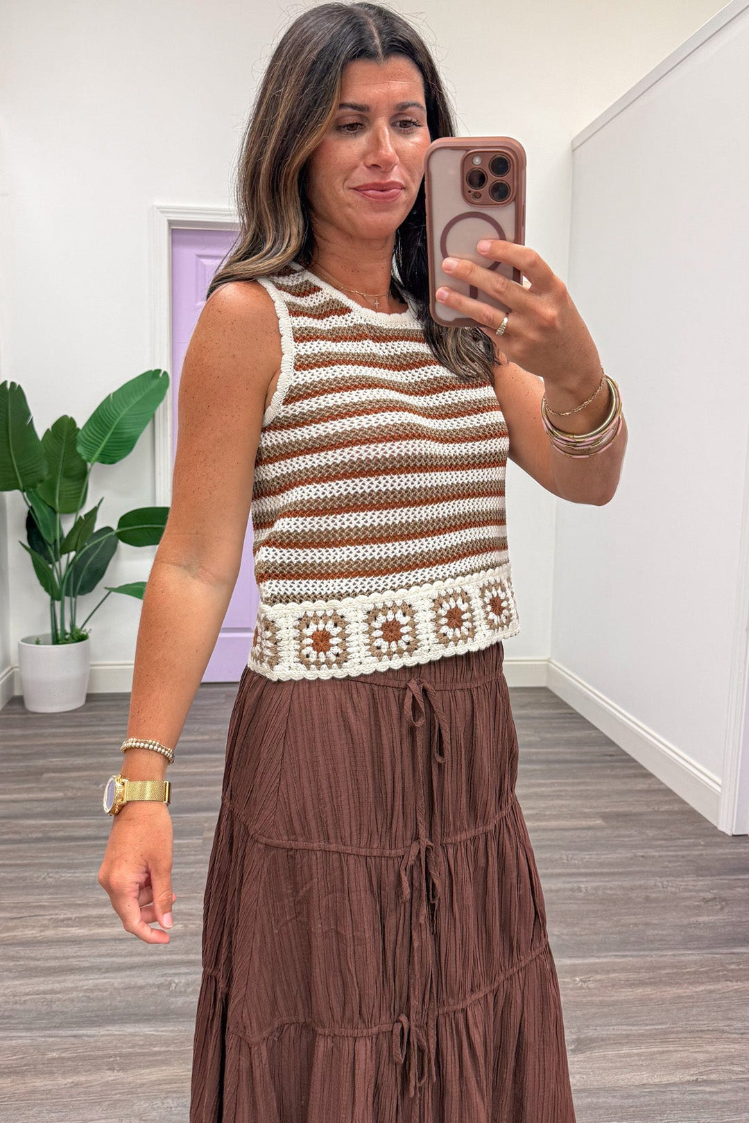 brown cream and chestnut striped semi-cropped scalloped trim sleeveless crochet top with afghan style border trim