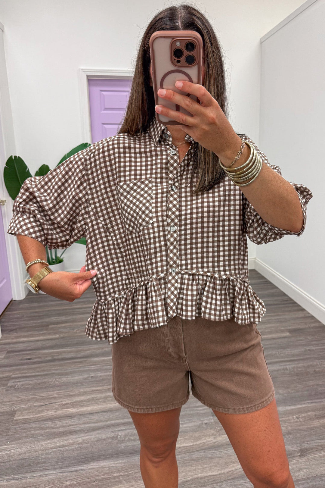 brown and cream gingham checkered print button front puff sleeve relaxed silhouette peplum top