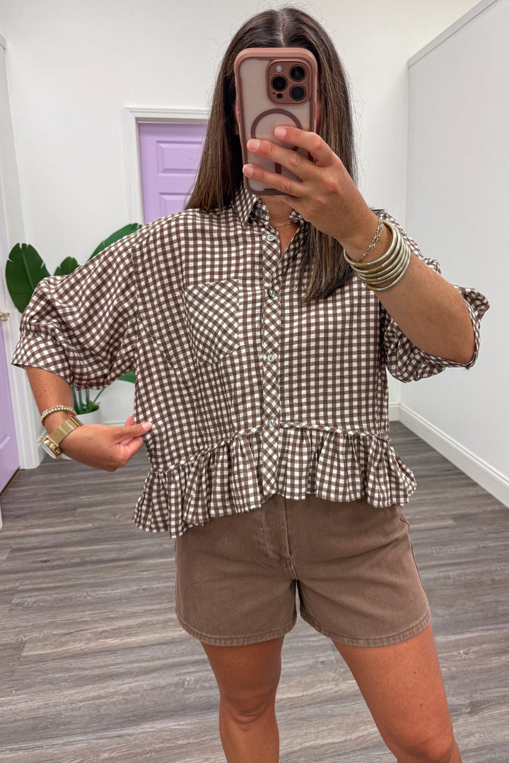brown and cream gingham checkered print button front puff sleeve relaxed silhouette peplum top