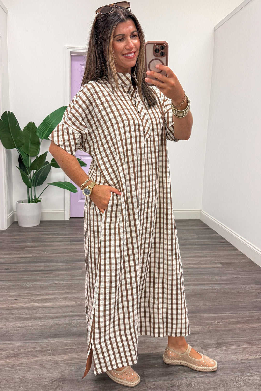 brown and cream gingham checkered print short sleeve midi dress with side pockets