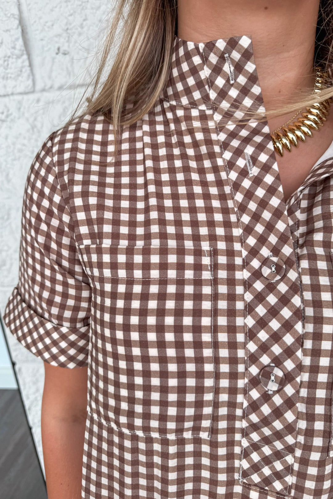 brown and cream gingham checkered print short sleeve mock neck button front bodice dress