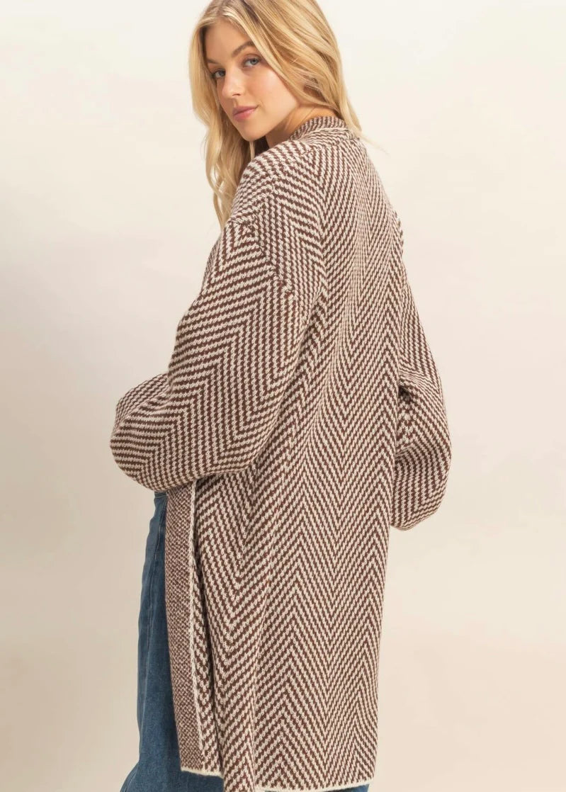 Women's brown and cream herringbone knit open front sweater cardigan by HYFVE showing back view