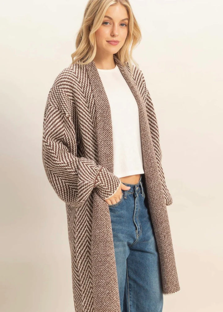 Women's brown and cream herringbone knit open front sweater cardigan by HYFVE showing side view