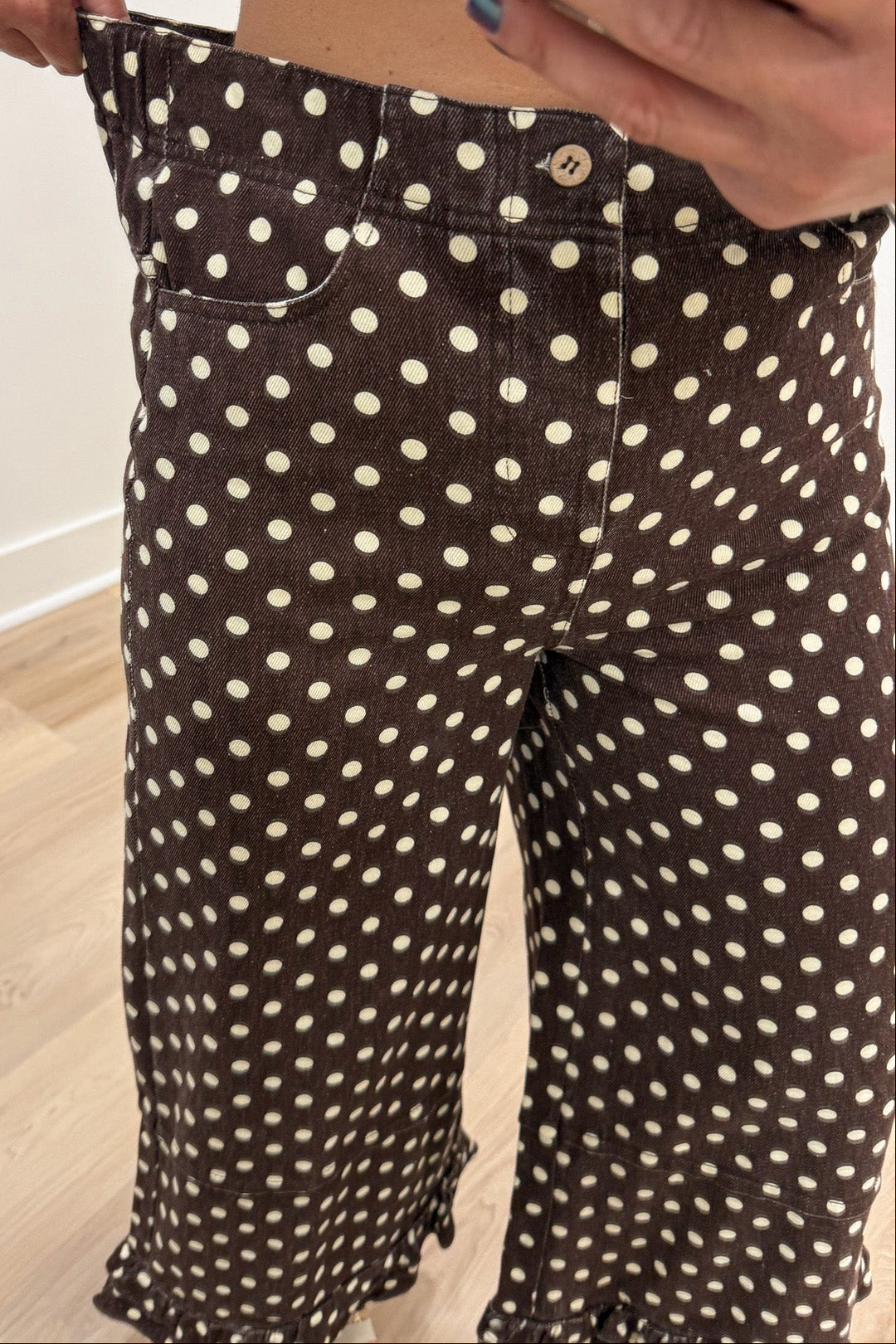 brown with cream polka dot print ruffle trimmed hem wide leg cropped twill denim pants