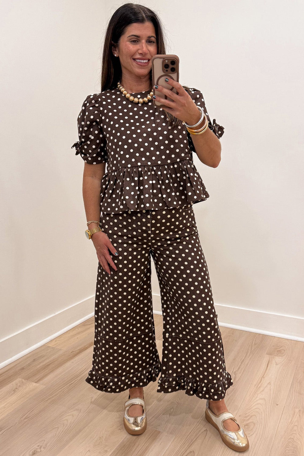 brown with cream polka dot print crew neckline semi-cropped peplum style denim twill top