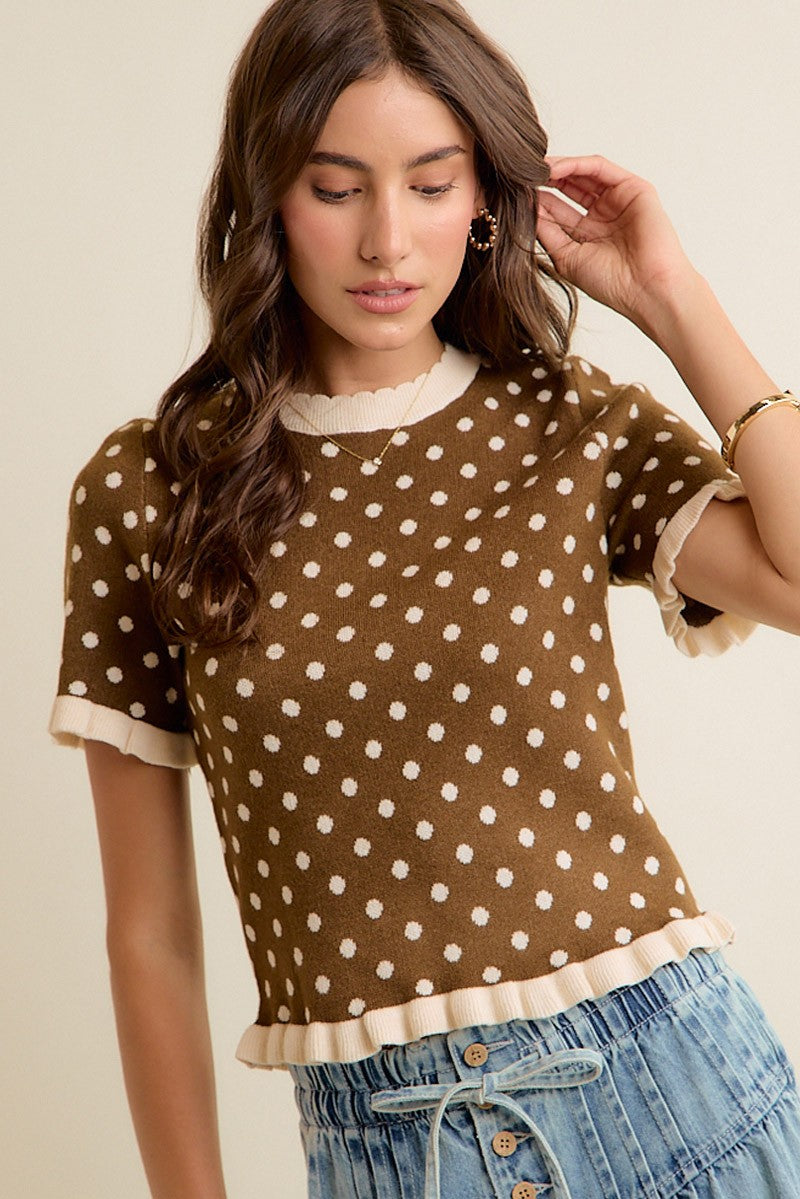 Brown and cream knit top with ruffle trim by So Me