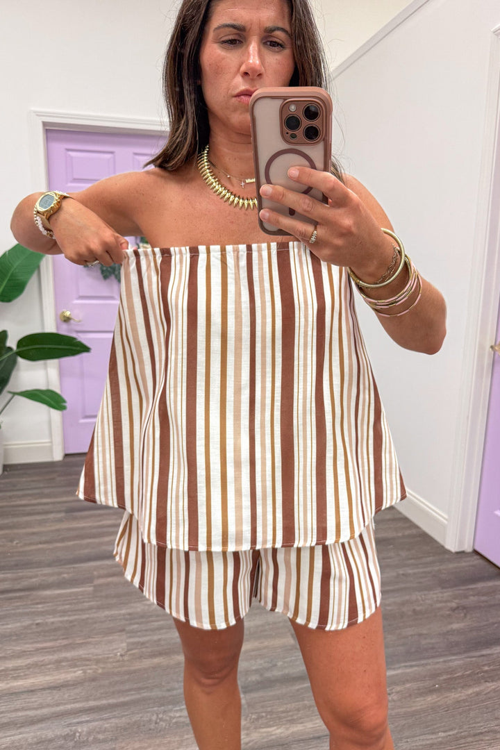 brown tan and cream striped square neckline top and shorts matching linen-like set