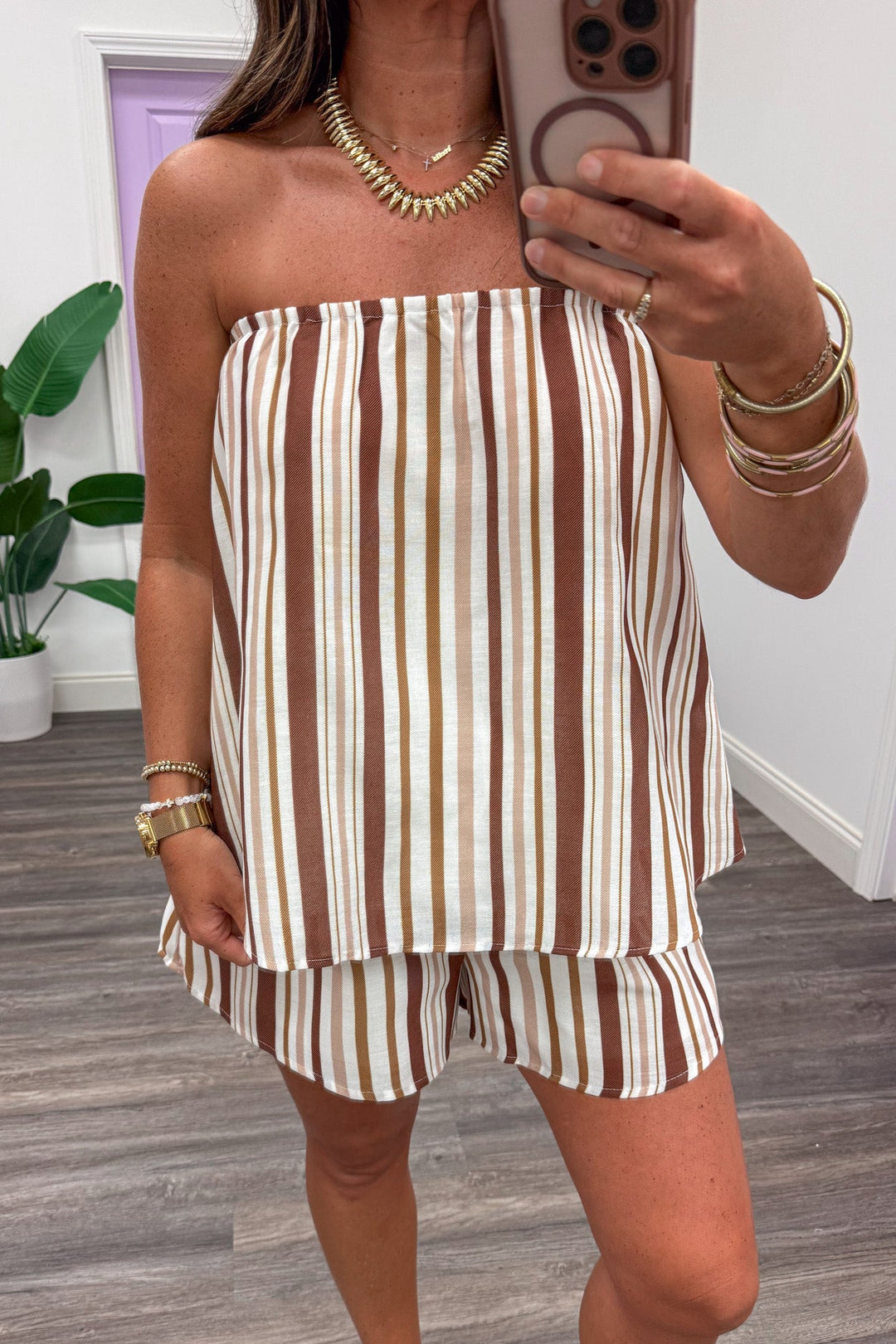 brown tan and cream striped flowy silhouette top and shorts matching linen-like set