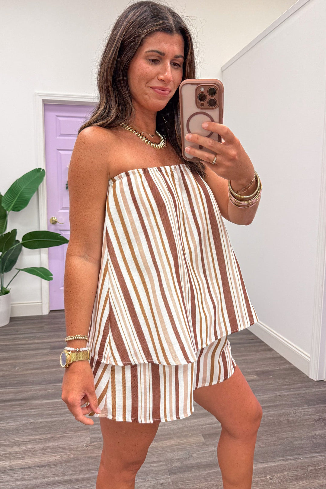 brown tan and cream striped elastic trimmed neckline top and shorts matching linen-like set