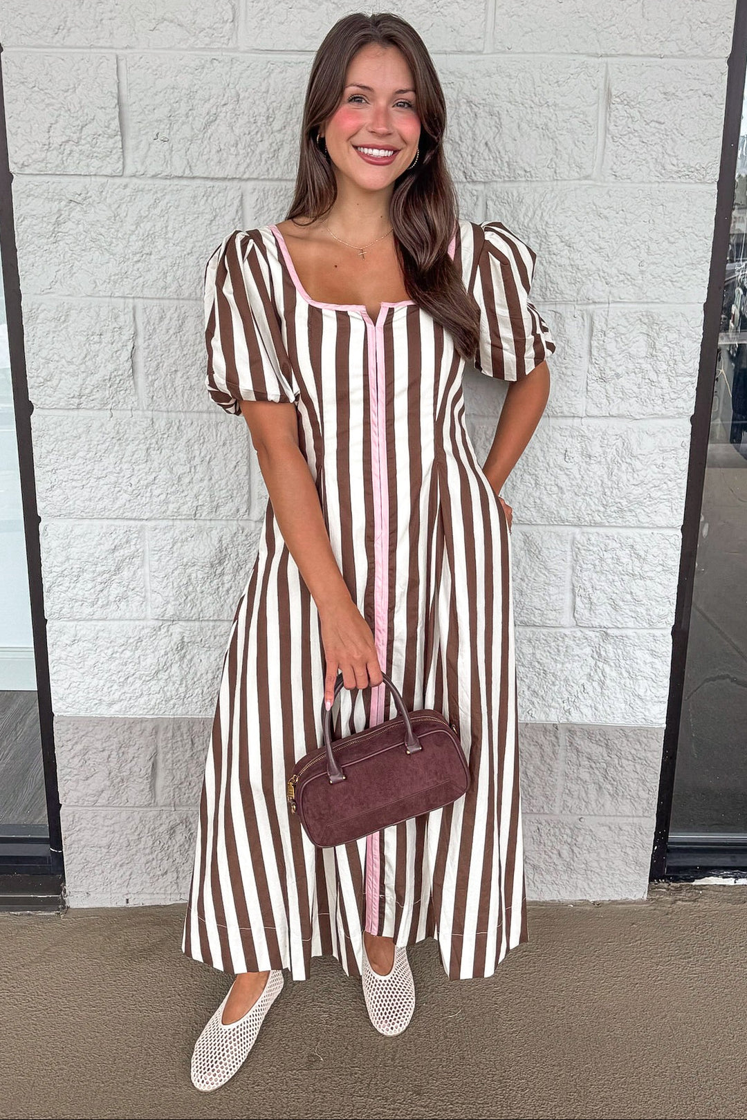 brown and cream vertical stripes with light pink trim puff sleeve midi dress