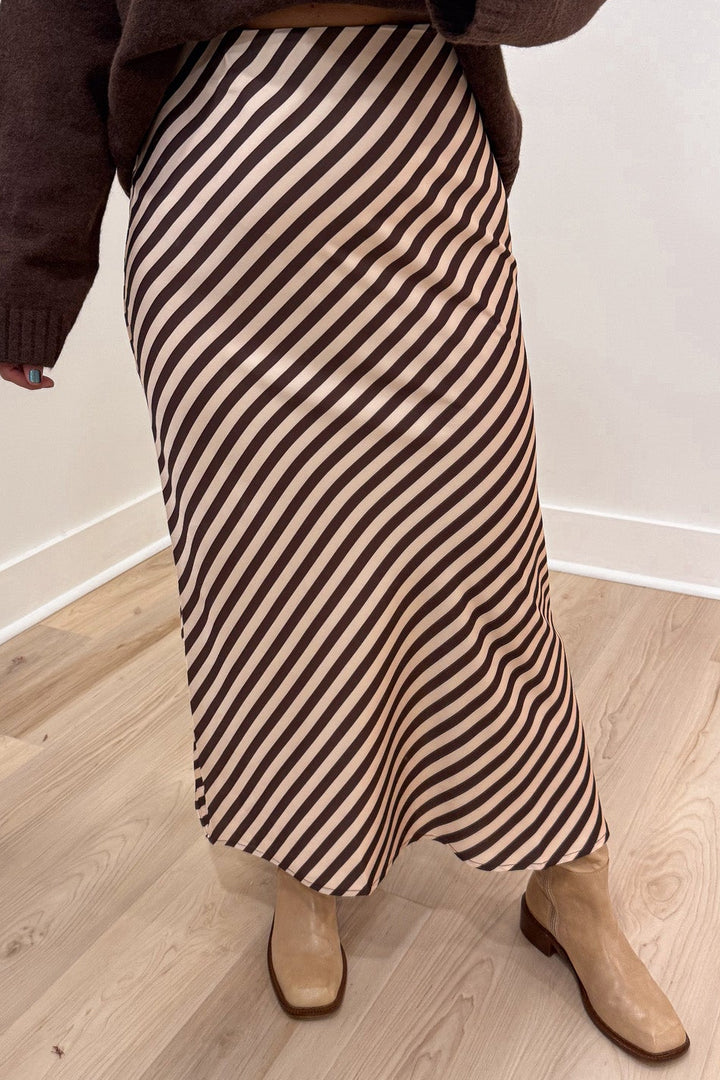 brown and cream asymmetrical striped lightweight satin midi skirt