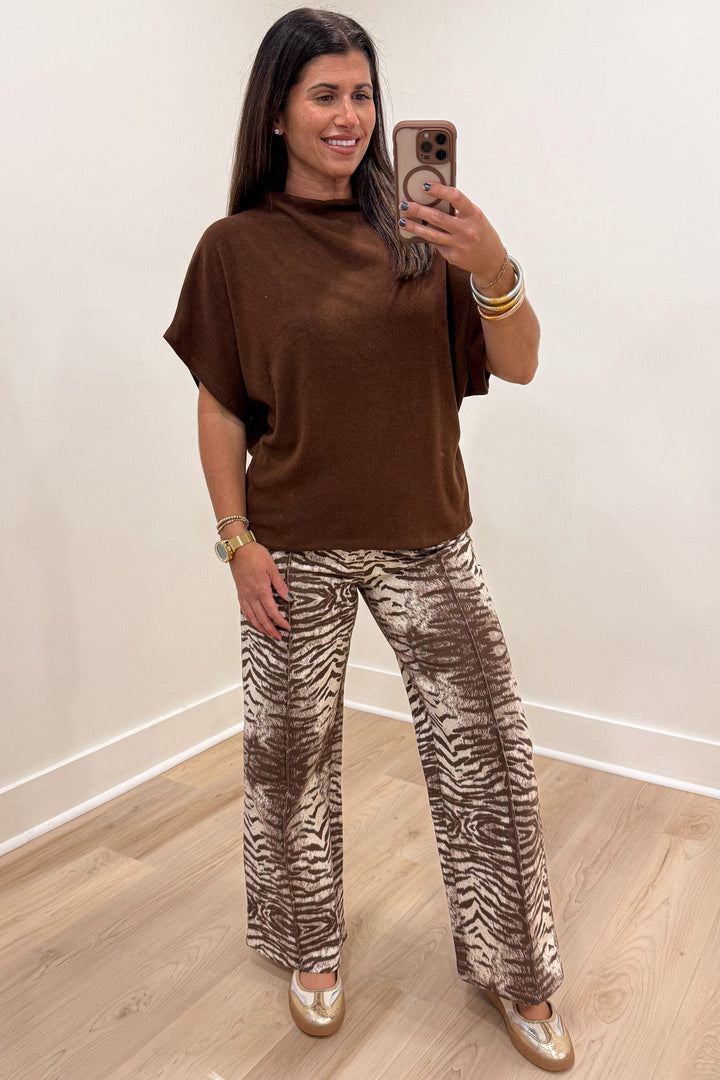 brown and cream zebra print wide leg twill denim pants with pintuck details