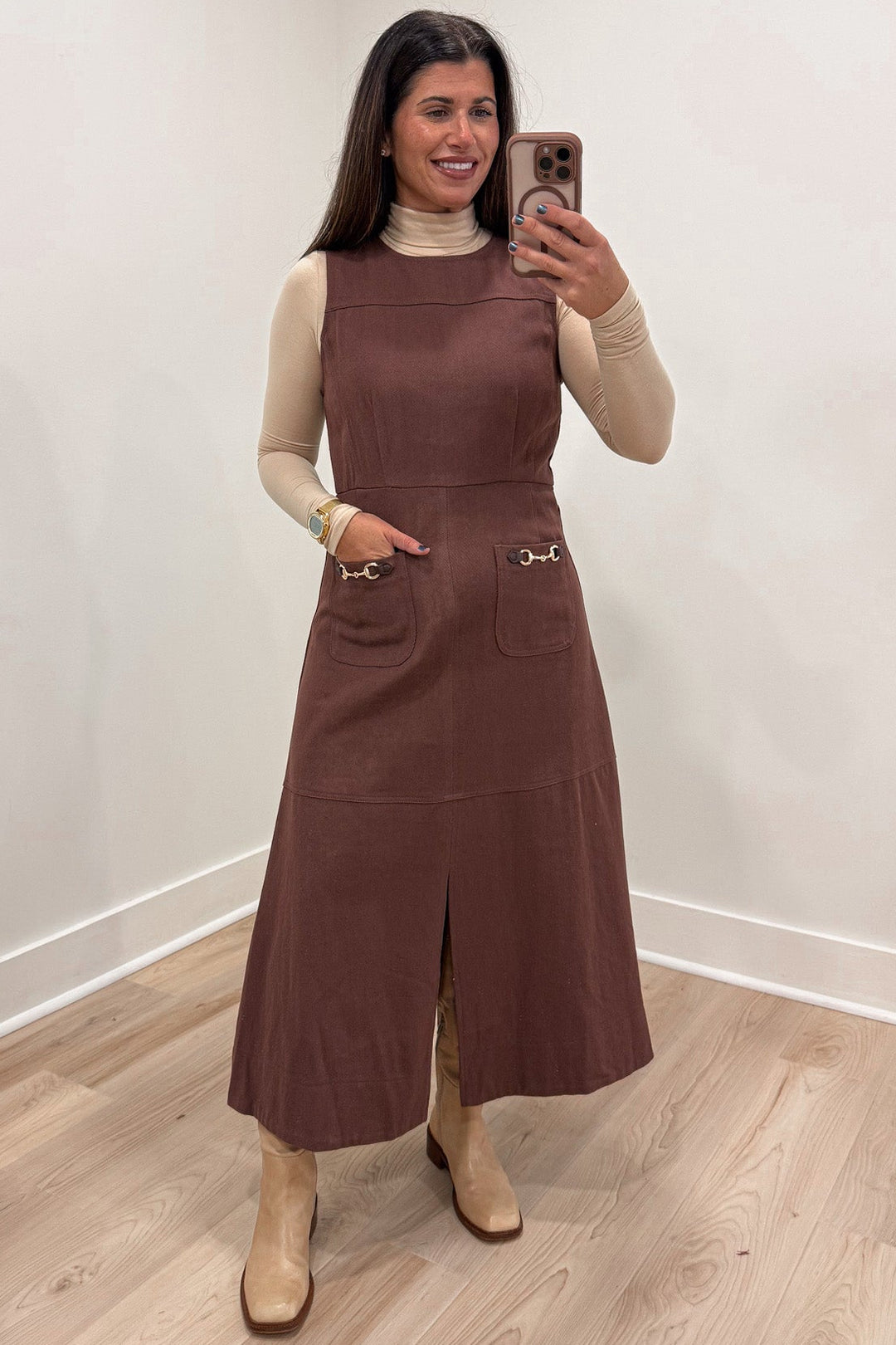 solid brown denim with gold hardware accent details sleeveless midi dress with front pockets