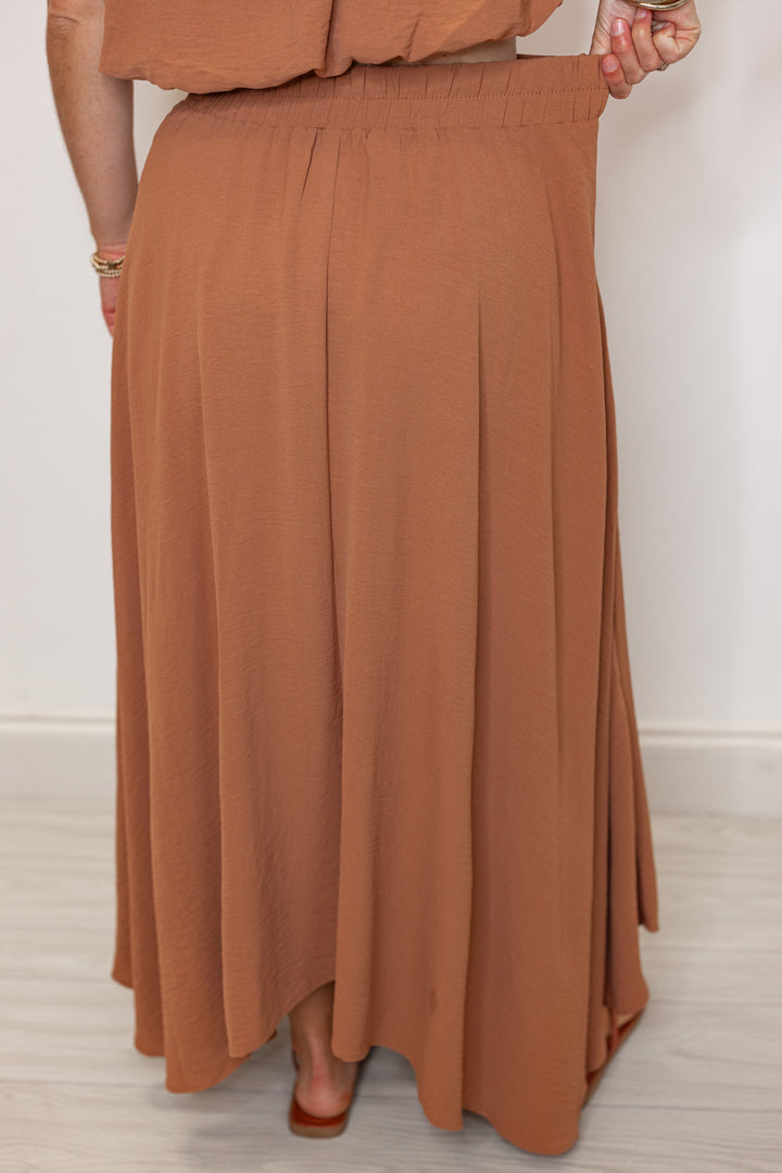 women's brown dressy elastic waist midi skirt