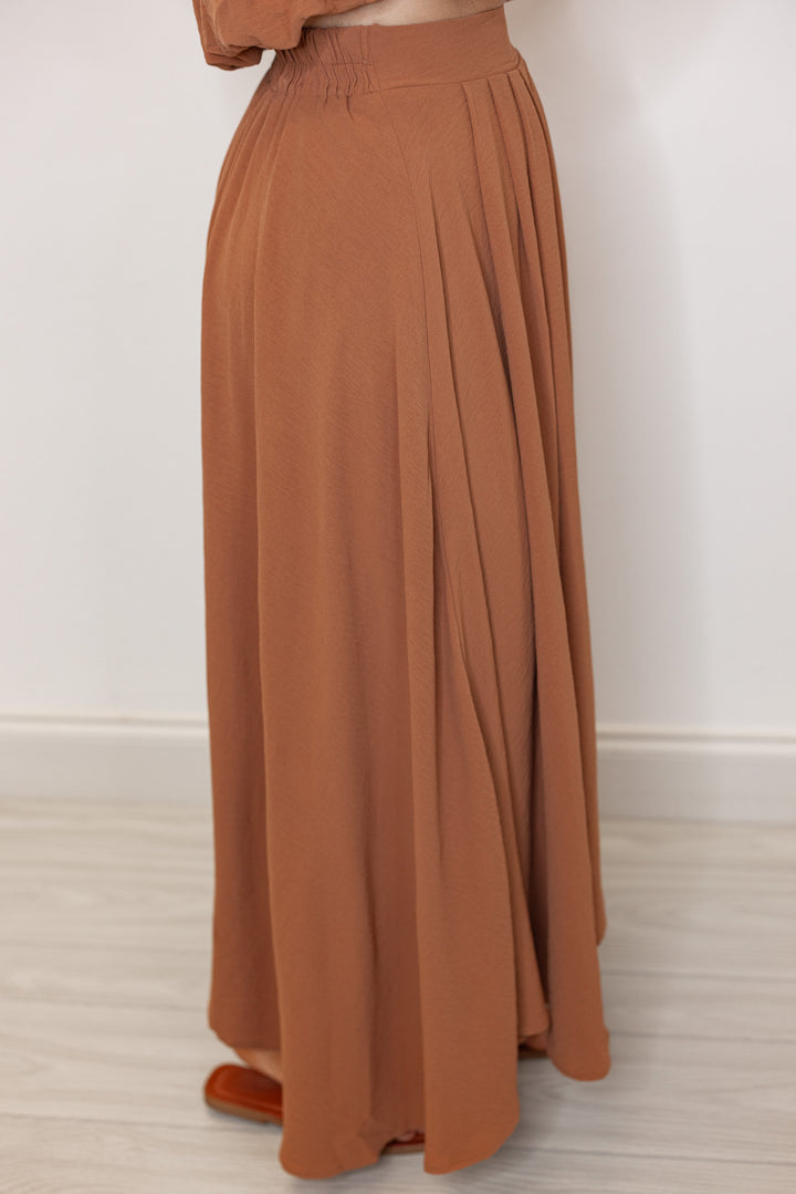 women's brown dressy elastic waist midi skirt