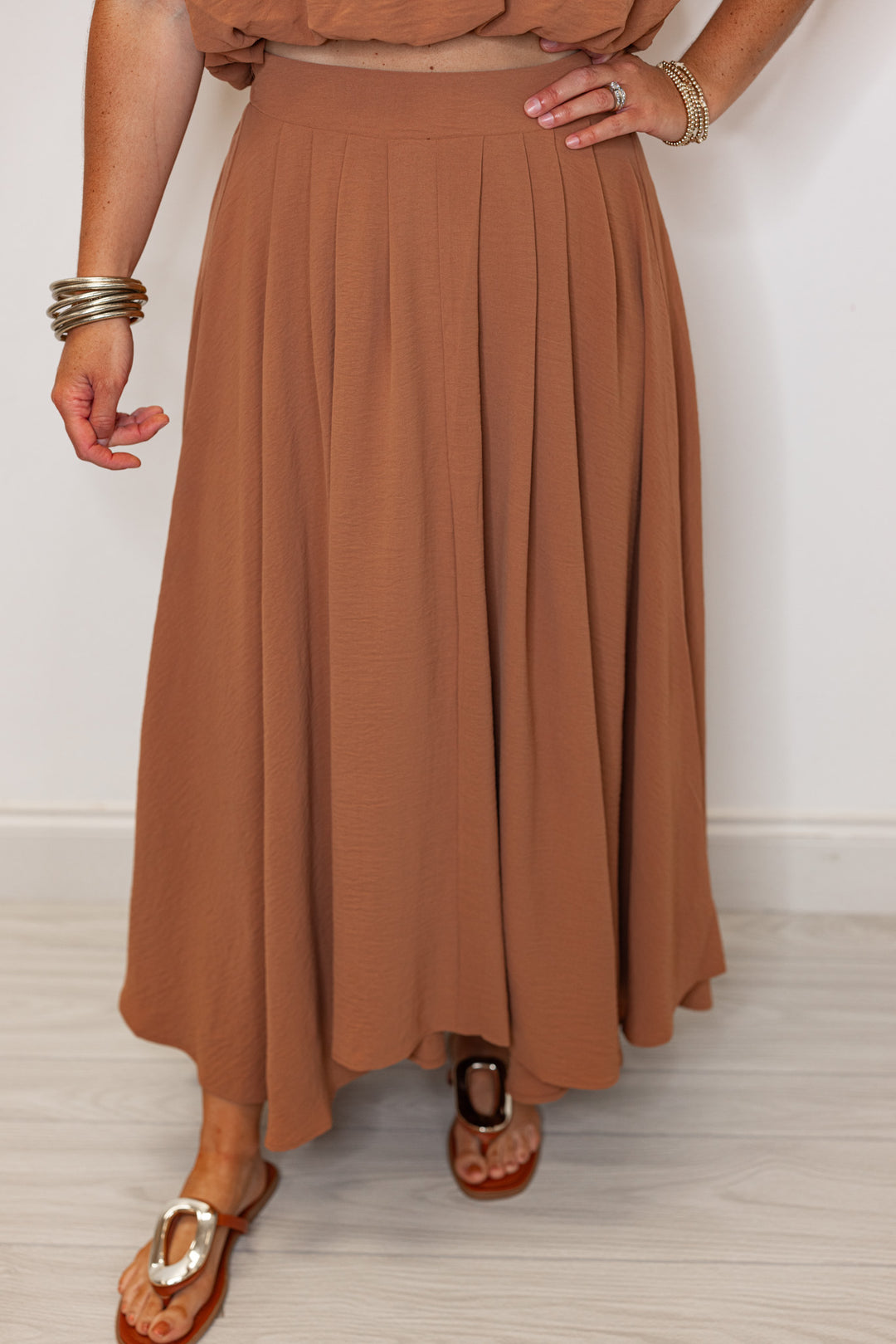 women's brown dressy elastic waist midi skirt