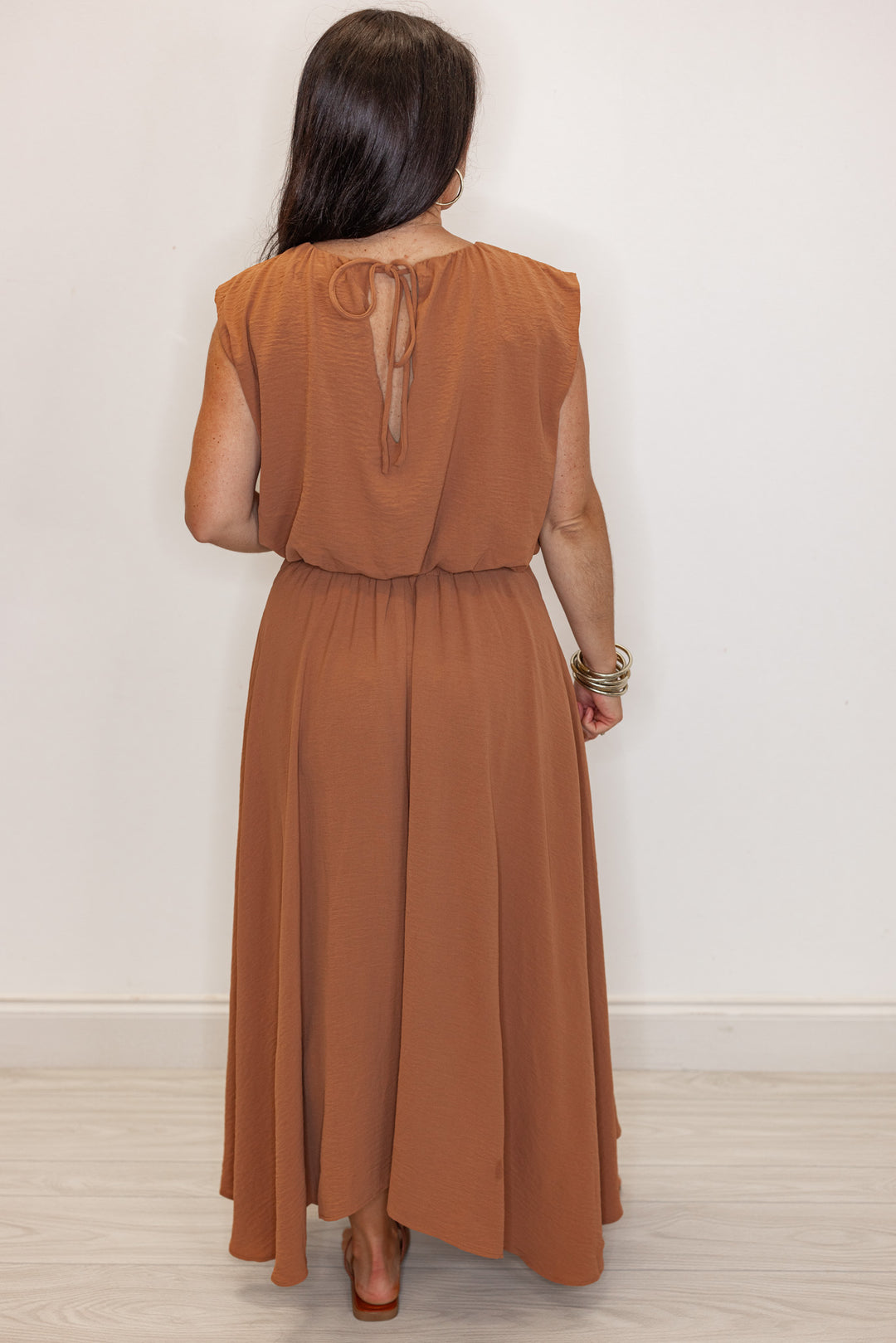 women's brown dressy elastic waist midi skirt