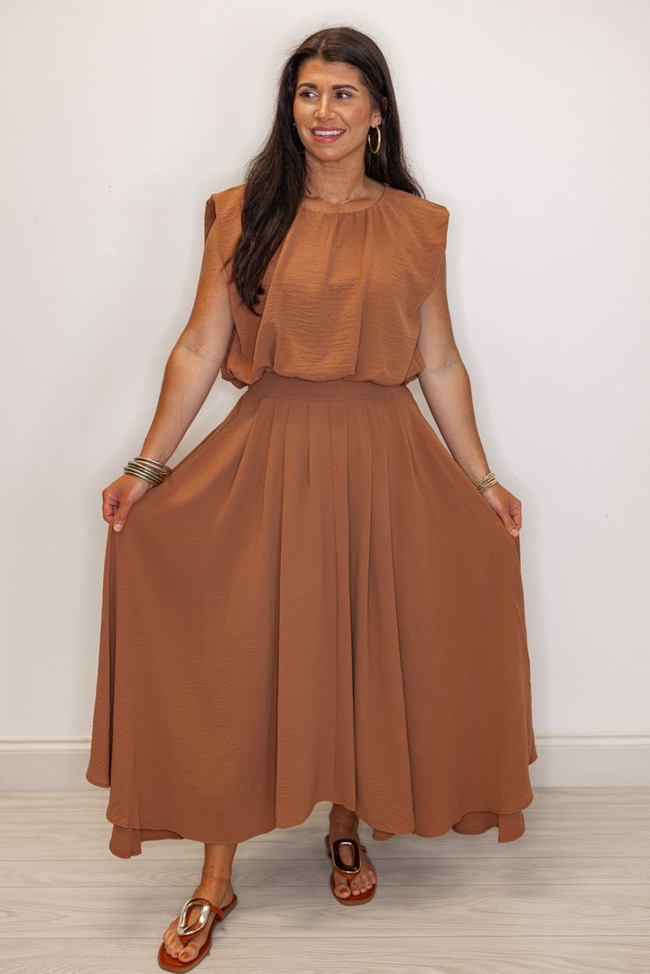 women's brown dressy elastic waist midi skirt