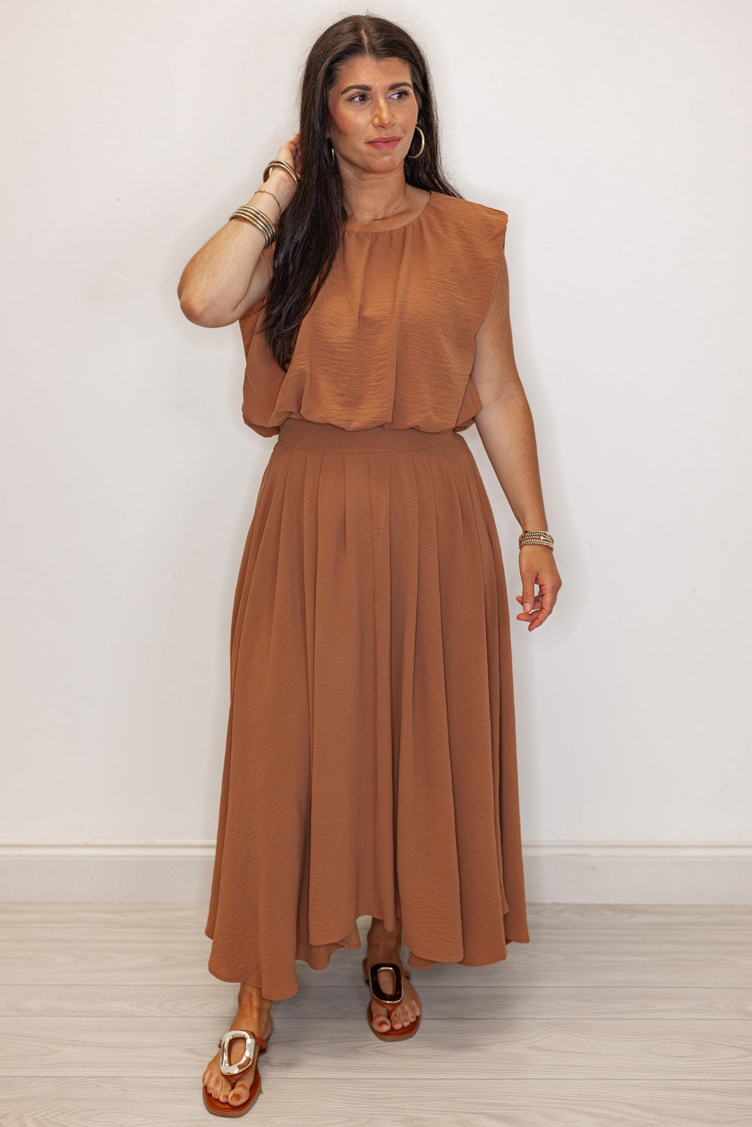 women's brown dressy elastic waist midi skirt