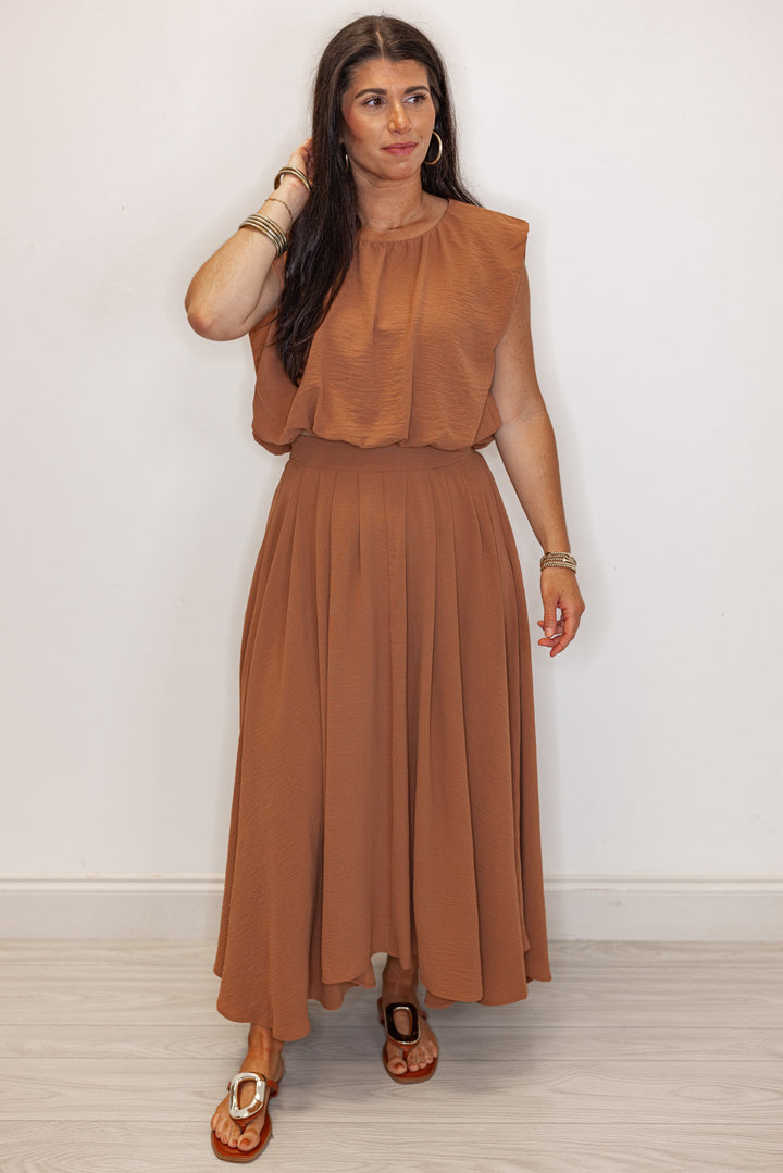 women's brown dressy elastic waist midi skirt