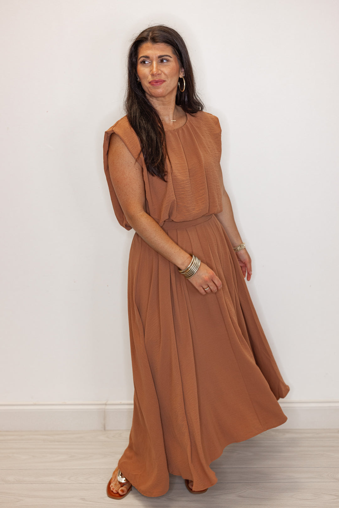 women's brown dressy elastic waist midi skirt