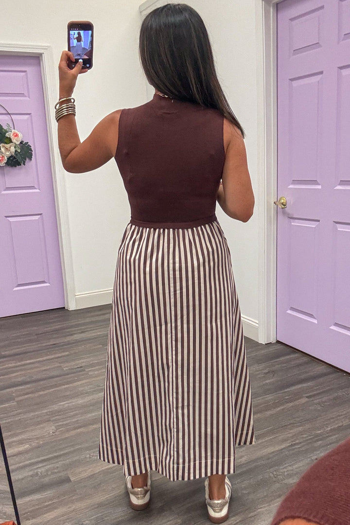 brown and ecru midi dress with fitted sleeveless sweater top and striped woven skirt