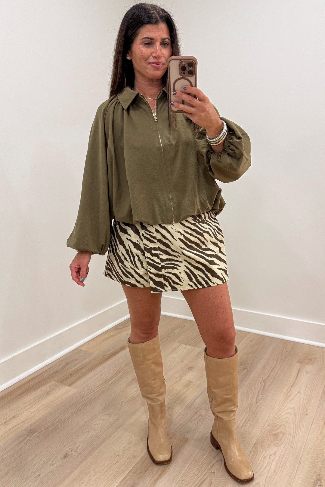 brown and ecru zebra print asymmetrical wrap style twill mini skort