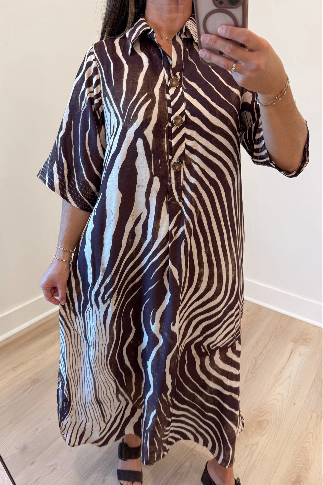 brown and ecru abstract zebra print half sleeve collared neckline button front bodice midi dress