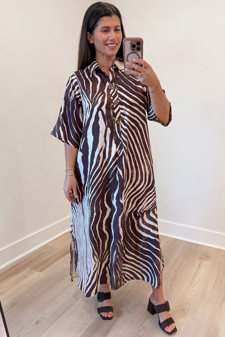 brown and ecru abstract zebra print half sleeve button front bodice midi dress