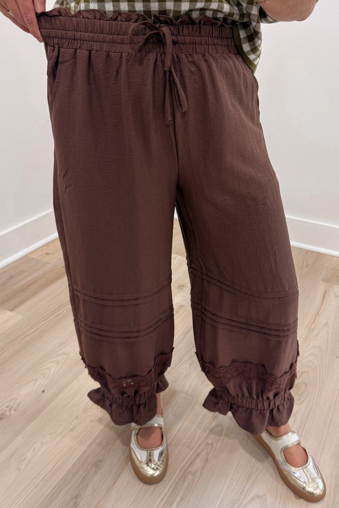 solid brown elastic waist flowy wide leg cropped pants with elastic ruffle cuffed ankles